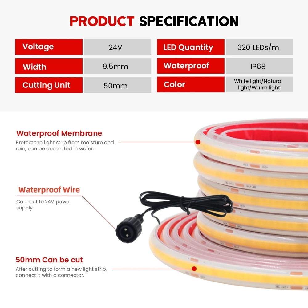 Fita LED COB 24V IP68 à prova  - Outdoor Power Strip Weatherproof avaliação e preço